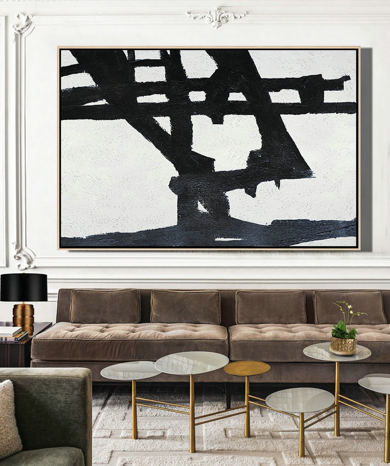 Hand Painted Original Art,Hand Painted Oversized Horizontal Minimal Art On Canvas, Black And White Minimalist Painting - Acrylic Painting Large Wall Art
